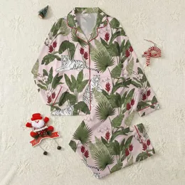 Girls' Pastel Pink White Tiger Tropical Illustrative Palm Orchid Pattern Satin Pajamas Set