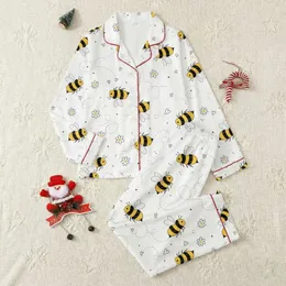 Women's Whimsical Black & Yellow Bumblebee Flight Pattern with Outlined Hearts, Flowers & Dashed Lines on White Satin Pajamas Set