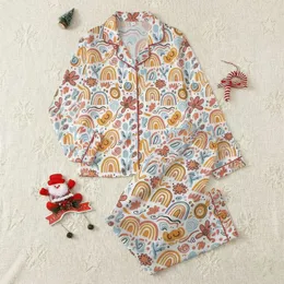 Women's Whimsical Hand-Drawn Abstract Rainbow Botanical Dusty Rose Pink Baby Blue Mustard Pattern Satin Pajamas Set