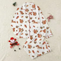Women's Whimsical Russet Brown Cartoon Squirrel Autumn Leaves White Pattern Satin Pajamas Set