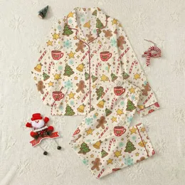 Holiday Enthusiasts' Festive Whimsical Gingerbread Cookie Candy Cane Hot Cocoa Golden Star Pattern on Cream Satin Pajamas Set