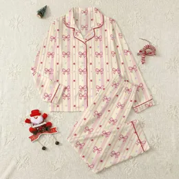 Women's Creamy Yellow Pastel Pink Vertical Stripe Fuchsia Lavender Sweet Bow & Star Pattern Satin Pajamas Set