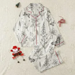 Women's Delicate Charcoal Botanical Wildflower & Butterfly Sketch Pattern on Creamy Beige Satin Pajamas Set