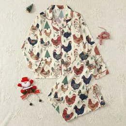 Women's Whimsical Hand-Drawn Christmas Chicken Rooster Festive Red Green Blue Cream Pattern Satin Pajamas Set