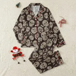 Women's Deep Brown Repeating Stylized Skulls & Bones with Cream Tan Leopard Spots Satin Pajamas Set