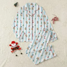 Women's Whimsical Light Blue Wavy Stripe Bear Strawberry Pine Tree Flat Art Pattern on White Satin Pajamas Set