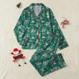 Women's Vibrant Emerald Green Cherry Blossom Bamboo Songbird Nature Art Blush Pink Teal Accents Satin Pajamas Set