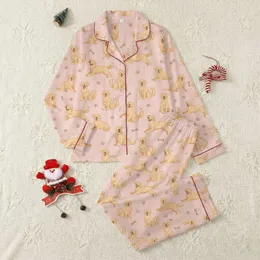Golden Retriever Lovers' Pastel Pink Playful Golden Retriever Paw Print Bone Pattern Satin Pajamas Set