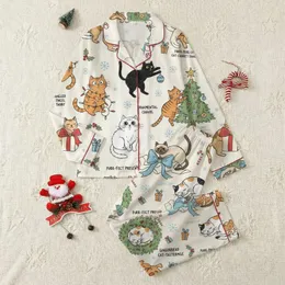 Women's Whimsical Christmas Cat Cream Pattern Red Green Blue Accents Festive Holiday Sketch Design Satin Pajamas Set