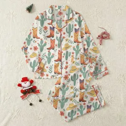 Women's Folksy Western Teal Cacti Terracotta Boots & Coral Blossom Pattern Satin Pajamas Set
