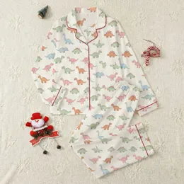 Women's Whimsical Pastel Pink Mint Blue Orange Dinosaur Seamless All-Over Pattern Satin Pajamas Set