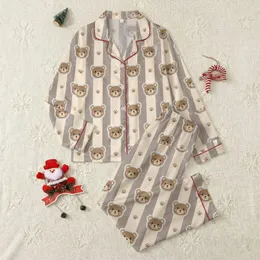 Women's Cream Taupe Vertical Stripe Cartoon Teddy Bear Heads Dashed Outline Paw Prints Starbursts Satin Pajamas Set