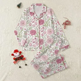 Women's Vintage Botanical Blush Rose Peony Floral with Sage Green Leaves & Burgundy Outlines Satin Pajamas Set