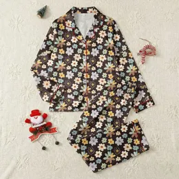 Women's Whimsical Illustrative Floral Scatter Pattern in Cream, Beige, Soft Blues, Mint, Lavender on Deep Brown Satin Pajamas Set