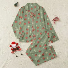 Women's Muted Sage Green Bright Red Strawberry Pale Yellow Starburst Hand-Drawn Naive Scattered Pattern Satin Pajamas Set