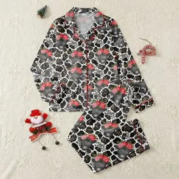 Women's Artistic Highland Cow Floral Wreath Bright Pink Red Black Cowhide Dark Brown Leopard Satin Pajamas Set
