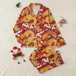 Men's Stylized Gold Dragon Saffron Yellow Cloud Foliage Crimson Red Asian Art Pattern Satin Pajamas Set