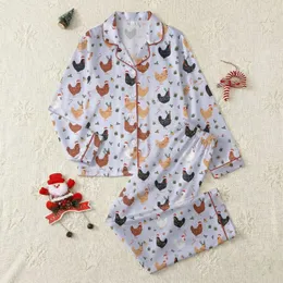 Women's Whimsical Lavender Christmas Chicken Santa Hat Holly Candy Cane Illustrative Pattern Satin Pajamas Set