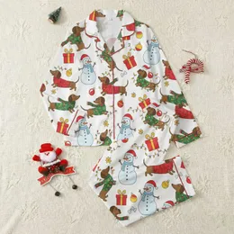 Festive Family's Whimsical Dachshund Snowmen Red Green Yellow Gift Box Candy Cane Pattern Satin Pajamas Set