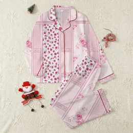 Women's Shabby Chic Fuchsia Rose Pastel Floral Panel Patchwork with Lace Scrollwork Satin Pajamas Set