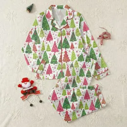 Women's Whimsical Hand-Drawn Forest Pattern Green Pink Polka Dot Striped Christmas Tree Motifs Satin Pajamas Set
