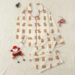 Women's Pale Cream Warm Brown Minimalist Cute Bear Pattern with Subtle Paw Prints Satin Pajamas Set