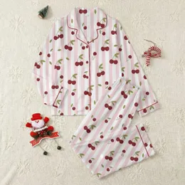 Women's Whimsical Light Pink White Striped Dark Red Cherry Cluster Olive Leaf Graphic Satin Pajamas Set