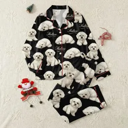 Maltese Dog Lovers' Detailed Fluffy White Maltese Black All-Over Pattern & Beige Gold Script Satin Pajamas Set