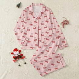 Women's Sweet Pale Blush Pink Hand-Drawn Cherry Red & Light Pink Bow Pattern Satin Pajamas Set