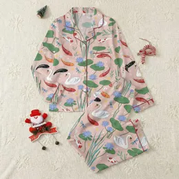 Women's Blush Pink, Green & Blue Koi Fish, Swan, Water Lily & Dragonfly Aquatic Garden Illustrative Pattern Satin Pajamas Set