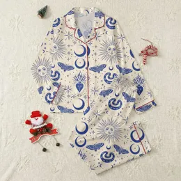 Women's Cream & Royal Blue Illustrative Mystical Sun Moon Moth Snake Sacred Heart Pattern Satin Pajamas Set