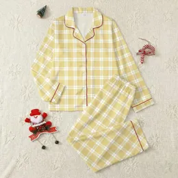 Women's Delicate Pale Daffodil Yellow & White Gingham with Lemon Grid Pattern Satin Pajamas Set