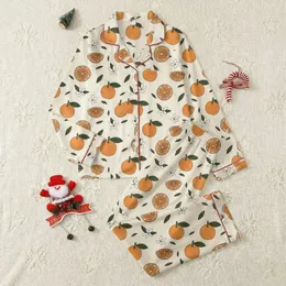 Women's Cream Minimalist Illustrative Tangerine Orange Green Citrus Blossom Pattern Satin Pajamas Set