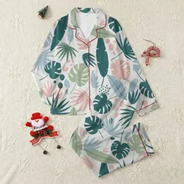Women's Oceanic Teal Blush Pink Flat Art Tropical Botanical Leaf Pattern Satin Pajamas Set