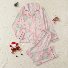 Women's Whimsical Watercolor Pastel Pink Desert Cactus Bloom Pattern in Mint & Blush Satin Pajamas Set