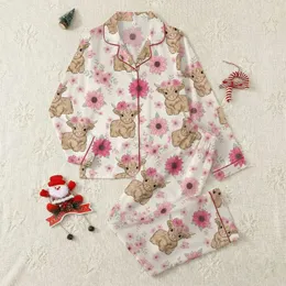 Whimsical Style Lovers' Pale Cream Fluffy Highland Cow Pink Rose Blossom & Butterfly Pattern Satin Pajamas Set