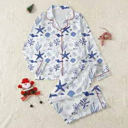 Women's Hand-Drawn Blue Seashell Starfish Coral Seaweed Block Print Satin Pajamas Set