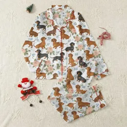Women's Playful Dachshund Dog & Blush Peach Rose Garden Pattern, Sage Green Foliage Satin Pajamas Set