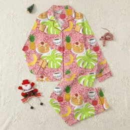 Women's Vintage Illustrative Monstera Leaf & Breakfast Motif in Rose Pink Lime Green Yellow Ruby Red Satin Pajamas Set