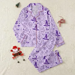 Women's Pale Lavender Mystical Fantasy Pattern with Deep Purple Witch Hats, Spell Books & Crystal Balls Satin Pajamas Set
