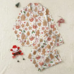 Women's Whimsical Hand-Drawn Gingerbread Men & Houses White Holiday Pattern with Red Candy Canes, Green Holly, and Cocoa Mugs Satin Pajamas Set