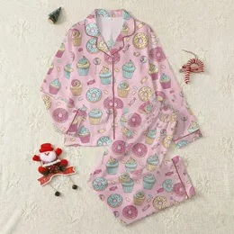 Women's Whimsical Pastel Pink Donut Cupcake Candy Cherry Red Magenta Blue Pattern Satin Pajamas Set