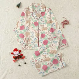 Women's Whimsical Hand-Drawn Fawns, Hot Pink Roses & Mint Leaf Botanical Repeat Satin Pajamas Set
