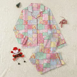 Women's Cheerful Pastel Pink Orange Blue Patchwork Floral Geometric Mosaic Satin Pajamas Set