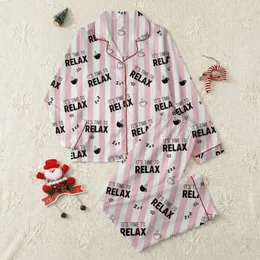 Women's Light Pink White Stripe 'IT'S TIME TO RELAX' Black Typographic Motif Satin Pajamas Set