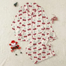 Women's Whimsical Deep Red Cherry & Teal Leaf Pattern with Cute Faces, Pink Hearts, Off-White Satin Pajamas Set