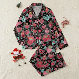 Women's Vibrant Mexican Folk Art Whimsical Winged Hearts & Flaming Hearts Black Pattern Satin Pajamas Set