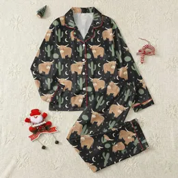 Women's Whimsical Deep Charcoal Night, Highland Cows & Sage Cacti Pattern with Cream Accents Satin Pajamas Set
