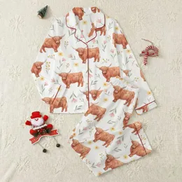 Nature & Animal Lovers' Whimsical Watercolor Highland Cow Terracotta Blush Pink Wildflower Pattern Satin Pajamas Set