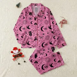 Women's Vibrant Hot Pink Black Mystical Occult Whimsical Tattoo Style Celestial Pattern Satin Pajamas Set